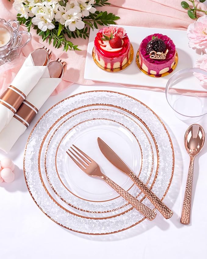 Ciaell 350PCS Rose Gold Plastic Plates - Clear Rose Gold Disposable Plates with Plastic Silverware include 100Plates, 150Silverware, 50Cups, 50Napkins for Wedding & Party & Valentine's Day