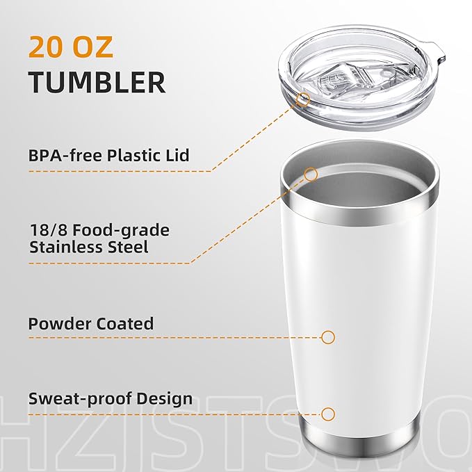 20 oz Tumbler Bulk with Lid Stainless Steel Insulated Tumblers Double Wall Vacuum Coffee Mug Powder Coated Tumbler Cups for Cold and Hot Drinks, White, 12 pack