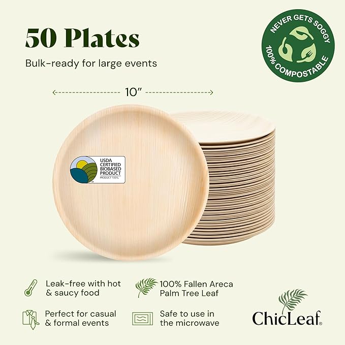 Chic Leaf Palm Leaf Plates - 10" Round - 50 Pack of 100% Compostable & Disposable Bamboo Style Plates - Heavy Duty, Sturdy Paper Alternative for Wedding Desserts, Events & Romantic Gourmet Catering