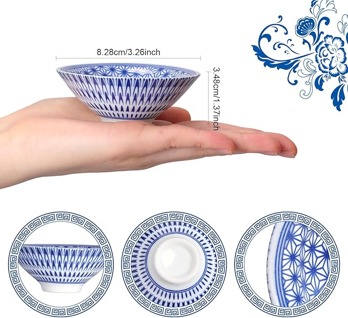 Chopstick & Dish Set, 10 Pairs 8.8 Inch Natural Bamboo Chopsticks and 12 Pcs 3.2 Inch Indigo Ceramic Dipping Bowls, Reusable Bamboo Utensils & Small Dip Plates for Sushi, Home Kitchen, Party