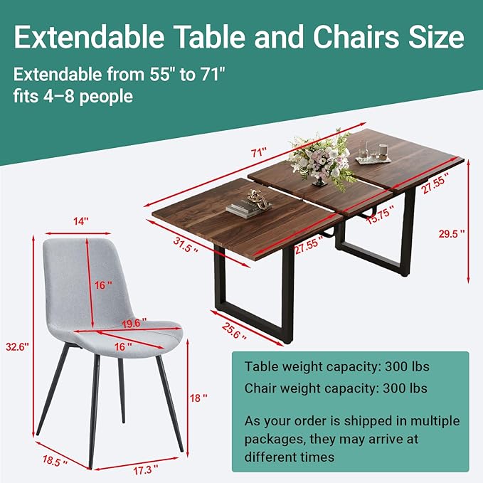 Extendable Dining Table Set for 8, 55"–71" Modern Wood Kitchen Table with 8 Upholstered Chairs, Space-Saving for Living Room Apartment, Sturdy & Comfortable, Easy Assembly