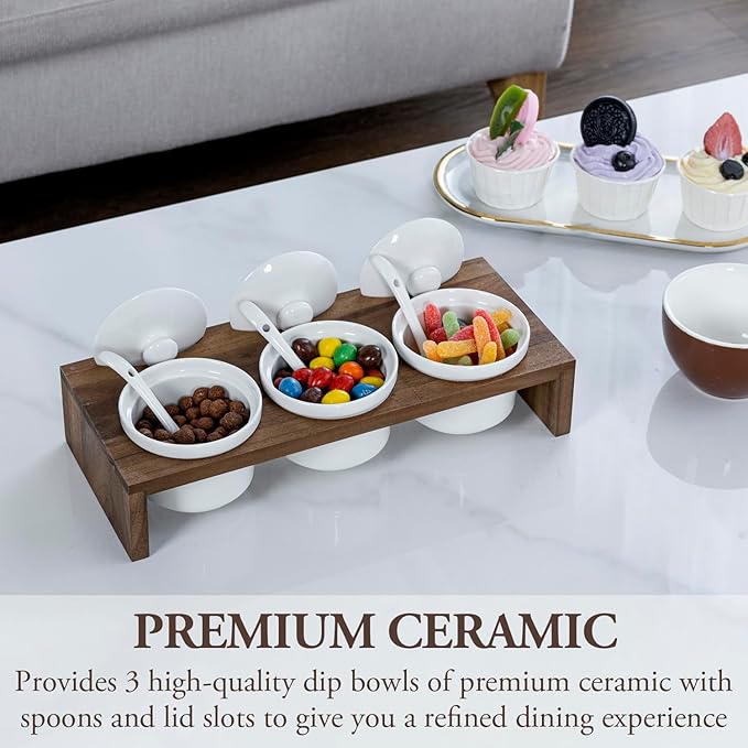 MyGift 10 Piece Condiment Pot Serving Set Includes Premium Acacia Solid Wood Raised Display Server Tray and 3 Ceramic Ramekin Dip Bowls with Lids and Spoons