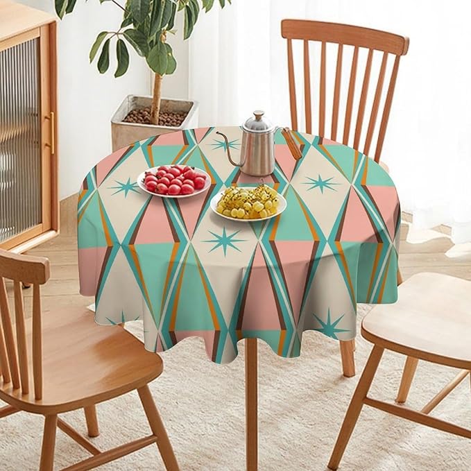 Mid Century Round Tablecloth, Vintage Bohemian Modern Mid-Century 50s 60s Print Tablecloth for Home Party Dining Room Kitchen Decor 60Inch(152cm)