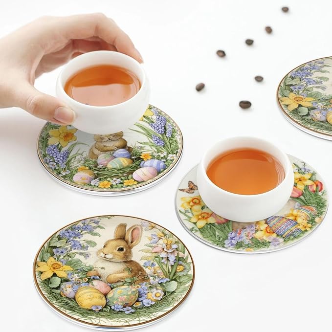 Easter Bunny Coasters for Drinks with Holder Round Leather Coasters Set of 6 Cups Mugs Mat Pad for Home Kitchen Bar