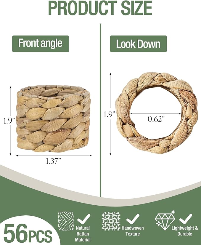56 Pcs Rattan Napkin Rings Set, Woven Wicker Napkin Holders Bulk, Natural Water Hyacinth Handmade Boho Table Decor for Thanksgiving, Christmas, Wedding Table Dinnerware Decoration Set