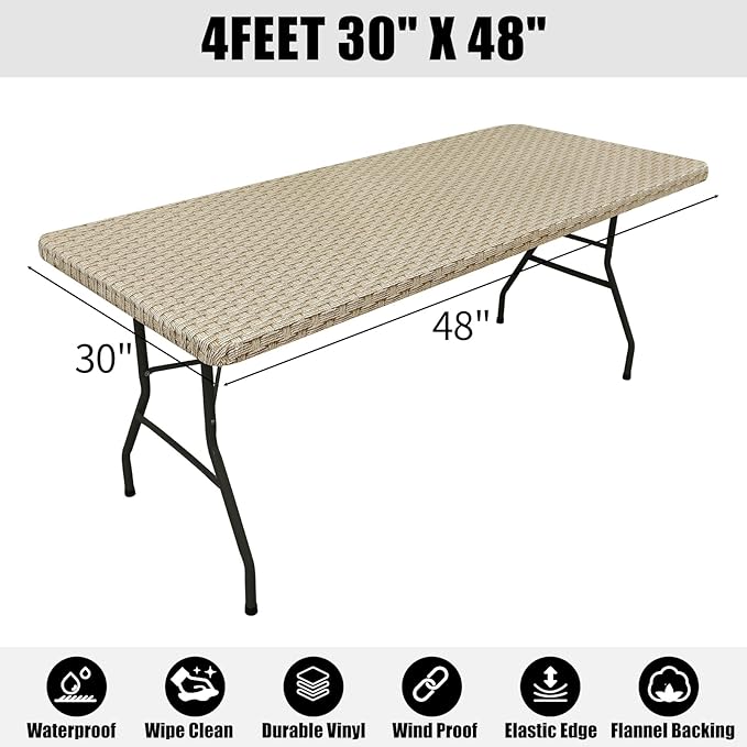 Smiry Rectangle Table Cloth Cover, Waterproof Elastic Fitted Picnic Tablecloth for 4 Foot Tables, Wipeable Flannel Backed Vinyl Tablecloths for Camping, Dining, Outdoor (Sand, 30" x 48")