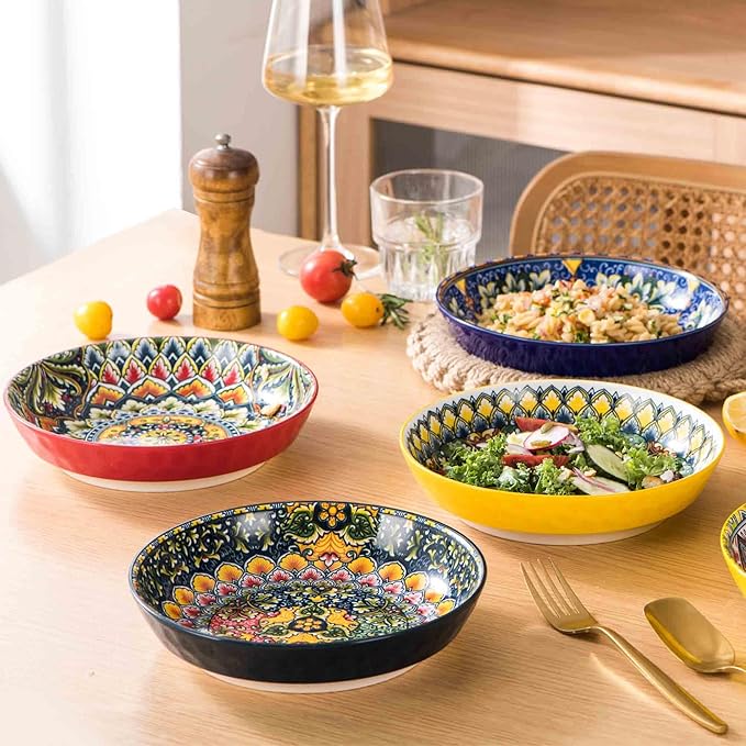 Henten Home 32 oz Porcelain Pasta Bowls Set, Salad Bowl Set of 6, Ceramic Dinner Serving Bowls for Soup, Cereal, Fruit, Bohemia Style, Microwave & Dishwasher Safe