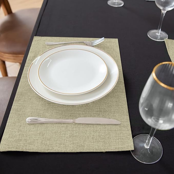 Linen Fabric Placemats Set of 4, Machine Washable, Heat Resistant, Wrinkle Free, Thick Polyester Kitchen Place Mats for Dining Table (Beige)