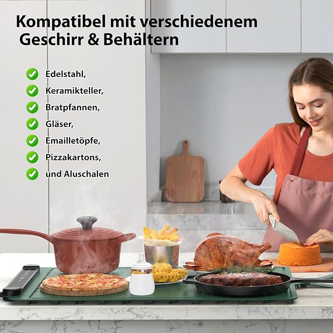 Food Warming Mat Electric Tray: Adjustable Silicone Heating Pad with 3 Temperature Settings 4 Timer Function Portable Roll Up Hot Plate for Buffets Party Gatherings Kitchen Warmer Countertop Green