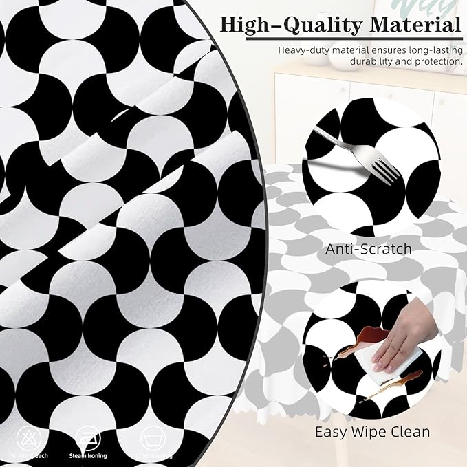 Laeacco 42 Inch Geometric Round Tablecloth Black and White Abstract Pattern Modern Art Print Table Cloth Washable Waterproof Wrinkle Free Table Cover for Kitchen Dining Picnic Party Decoration
