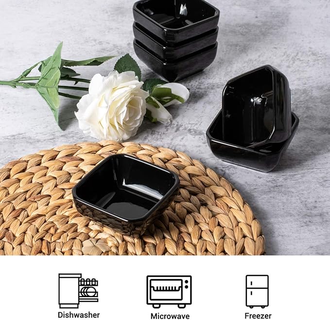DELLING Ultra-Strong 3 Oz Ceramic Dip Bowls Set, Black Dipping Sauce Bowls/Dishes for Tomato Sauce, Soy, BBQ and other Party Supplies - Set of 6