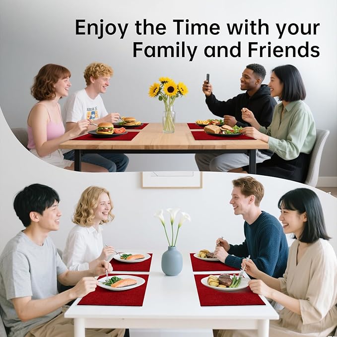 Blue Forest Placemats Set of 6, Dual-Layered Thickened Faux Linen Table Mats Heat Resistant Machine Washable Wrinkle Free Place Mats for Kitchen Dining Outdoor/Indoor (Red)