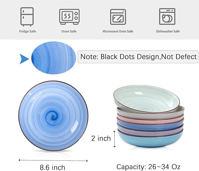 Selamica Ceramic Pasta Bowls Set 34 OZ, Large Salad Bowl 8.6 Inch Deep Plates for Pasta Soup, Microwave & Dishwasher Safe, Set of 6, Gradient Color