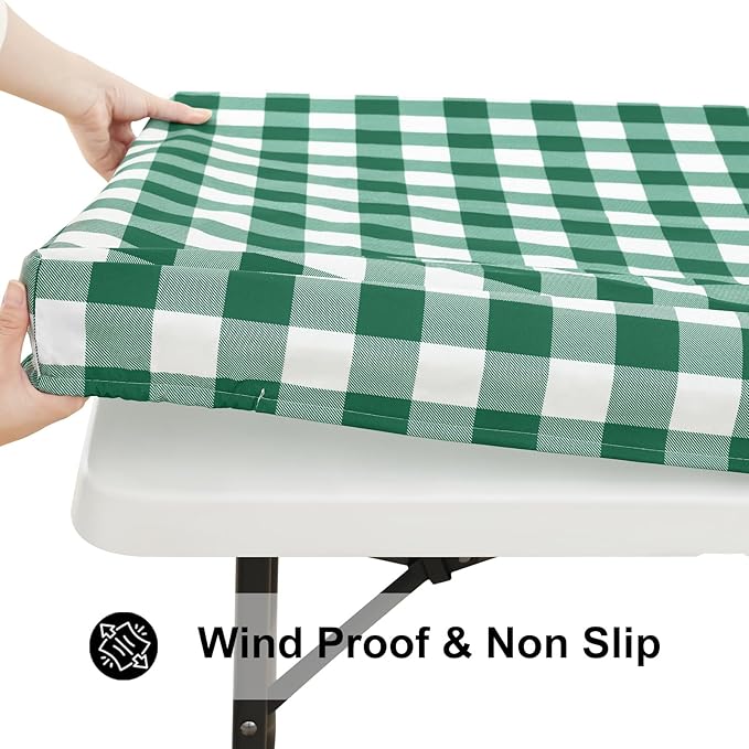Smiry Rectangle Picnic Table Cloth, Elastic Waterproof Fitted Vinyl Tablecloths, Flannel Backed Buffalo Plaid Table Covers for Dining, Camping, Outdoor (Emerald Green and White, 30" x 72")