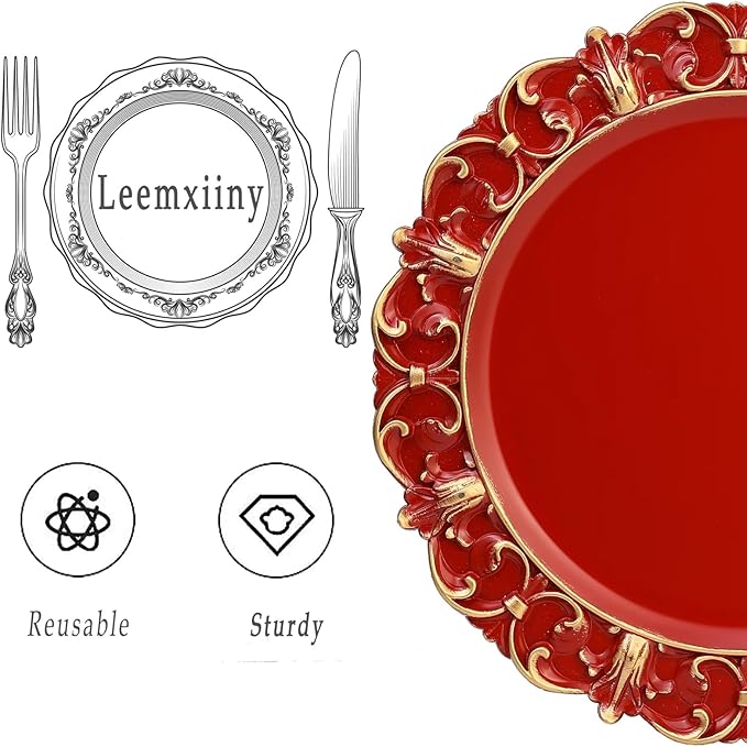 Red Charger Plates Set of 6, Decorative Table Plastic Chargers for Dinner Plates, Party, Wedding, Thanksgiving, Christmas, FD51R