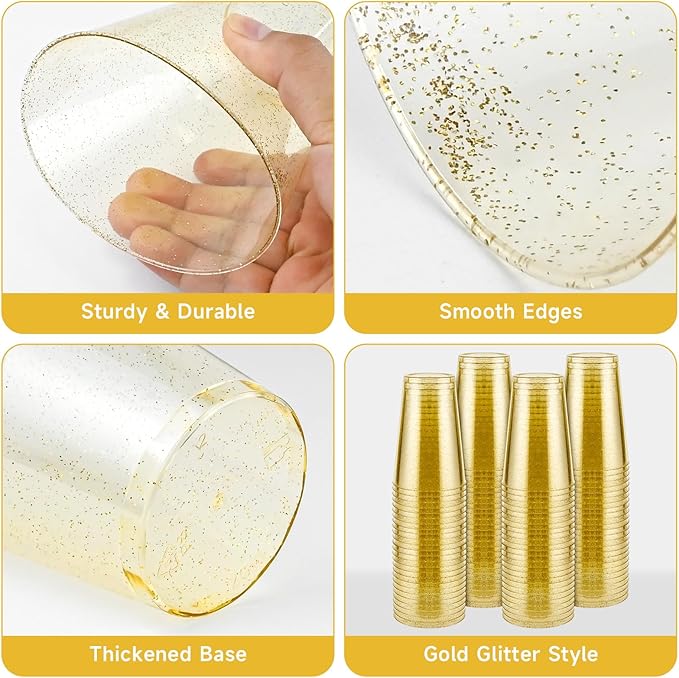 14oz Gold Glitter Plastic Cups, 100pcs Gold Cups Disposable, Elegant Plastic Cocktail Glasses, Fancy Party Cups for Wedding, Birthday, Holiday