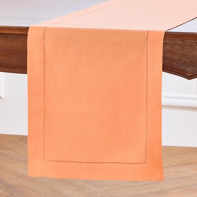 Solino Home Linen Coral Table Runner 108 Inches Long - 100% Pure Linen Hemstitch 14 x 108 Inch Table Runner for Dining, Valentines, Spring, Easter - Classic Hemstitch