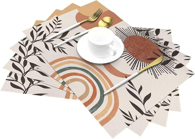 Mid Century Abstract Boho Placemats Orange Vintage Aesthetic Nature Leaf Sun Modern Washable Place Mats 12x18Inch for Dining Kitchen Farmhouse Decor 4 PCS