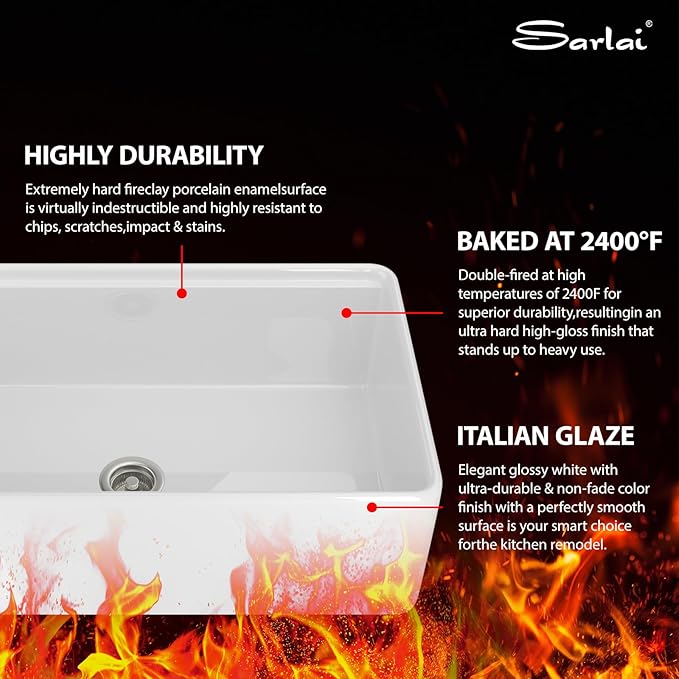 Sarlai 33 White Farmhouse Kitchen Sink - 33x20 Inch Farm Kitchen Sink Ledge Workstation White Ceramic Porcelain Fireclay Farmer Sinks 10" Inch Deep Single Bowl Basin with Assesory Kit