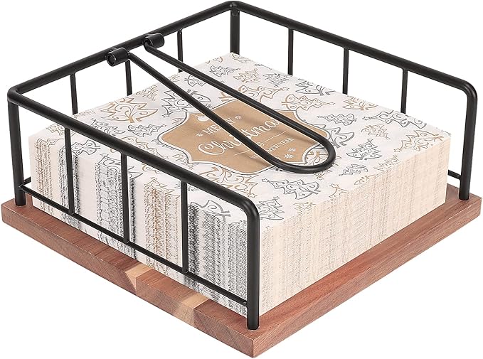 Livabber Flat Napkin Holder, Metal Kitchen Napkin Storage with Weighted Tension Arm Rustic Tissue Paper Dispenser for Countertop, Table Kitchen, Dining Room (With Wooden Base, Black)