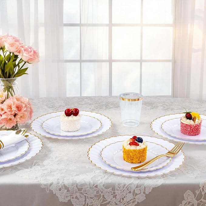 YOUBET 350PCS Gold Scalloped Plastic Plates - White and Gold Disposable Dinnerware Set Include 100 Plates, 150 Gold Silverware, 50 Cups, 50 Napkins for Wedding Party