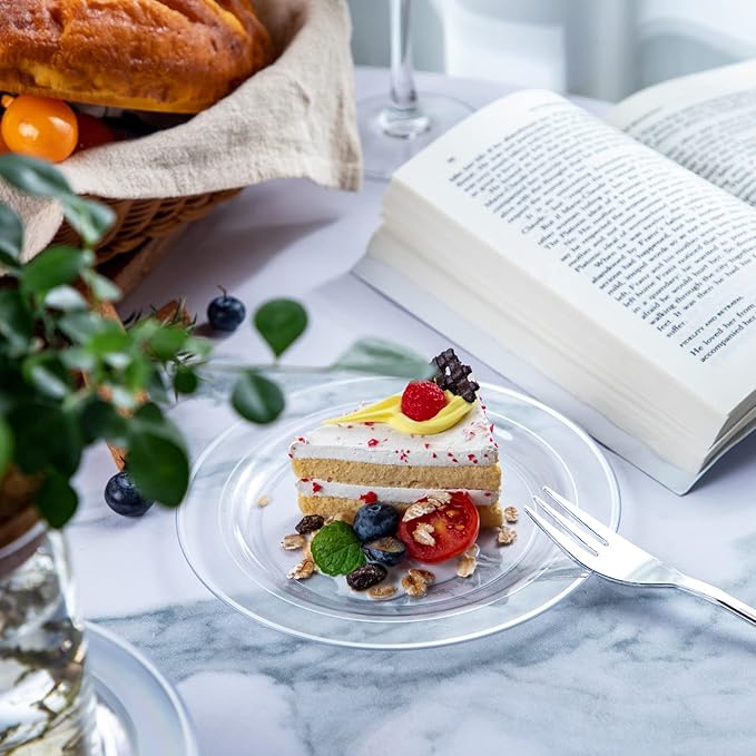 DaYammi 240Pcs Silver Dessert Plates Set Includes 120 Disposable Cake Plates 6.5" 120 Plastic Forks 5.7", Clear Silver Plastic plates, Fancy Appetizer plates for Party and Wedding Birthday