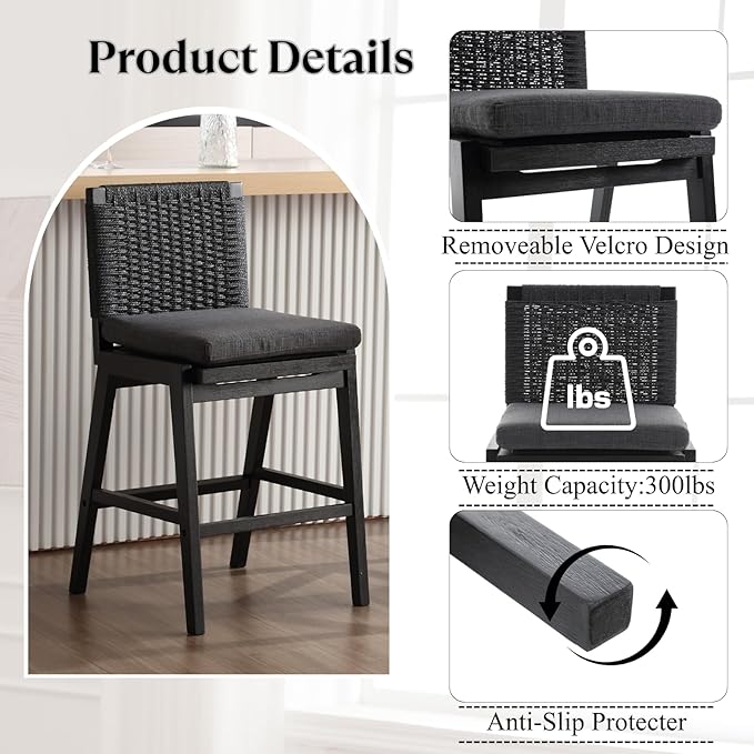 Carbon Black Bar Stools Set of 4, 27.3 Inch Counter Height Stools Upholstered Linen Armless Bar Chairs with Woven Rope Backrest Wooden Legs for Kitchen Island Dining Room