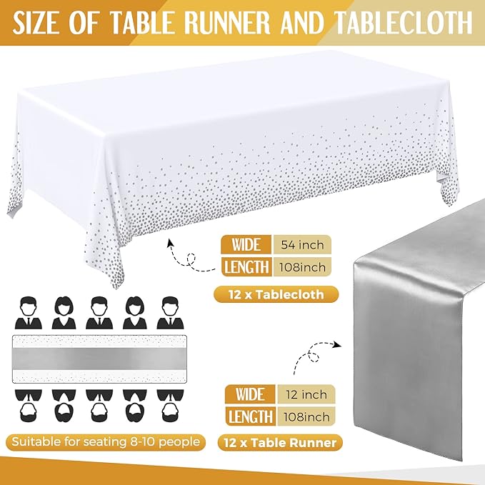 Breling 24 Packs White and Silver Disposable Plastic Tablecloths and Satin Table Runner Set, 54 x 108 Inch Tablecloth, 12 x 108 Inch Table Runners for Wedding Graduation Birthday Baby Shower