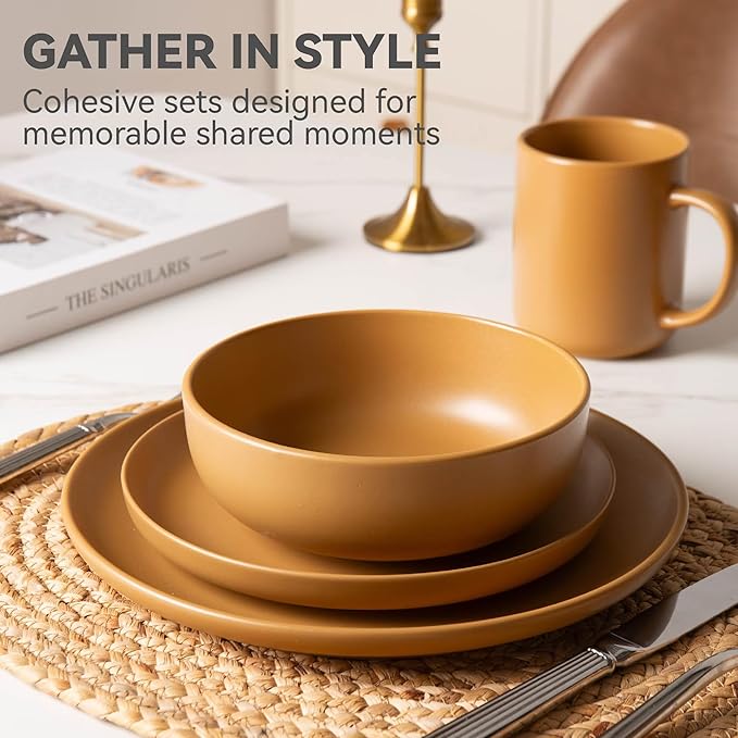 12-Piece Matte Orange Dinnerware Set,Stoneware Dinnerware for 4, Microwave & Dishwasher Safe, Stackable Design for Kitchen and Dining - Plates and Bowls