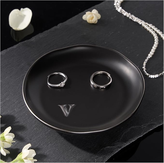 Lolalet Handmade Ceramic Ring Dish Jewelry Tray Plate with Initial, Small Monogram Gift for Her Women Girls Mother, Hostess, Engagement, Bridal Shower, Maid of Honor, Bridesmaid, Birthday, Christmas