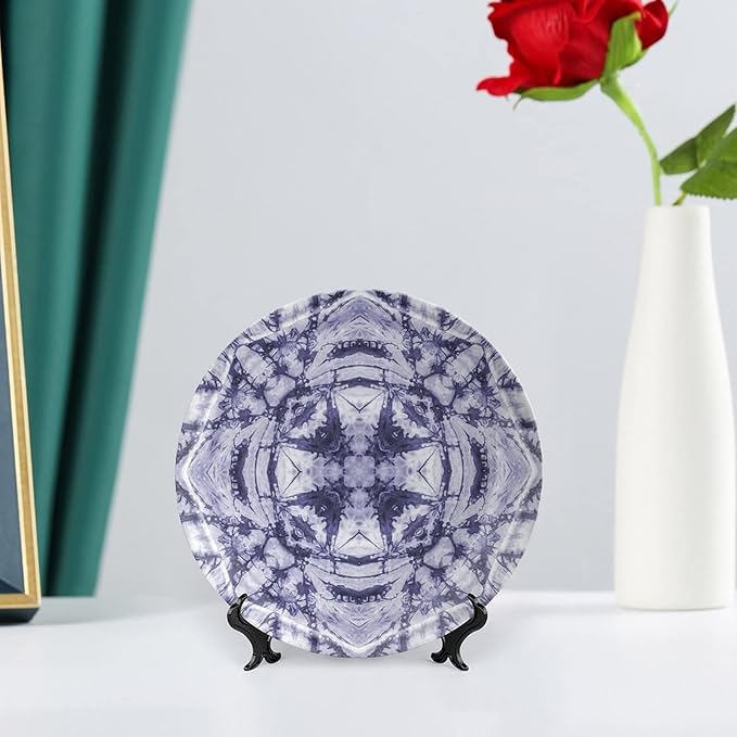 Ceramic Display Plate, Abstract Ceramic Hanging Decorative Plate, Modern Art Generated Resisting Twisting Fractal, 7 Inch, Living Room Kitchen Decoration Household, Lavender Blue Indigo