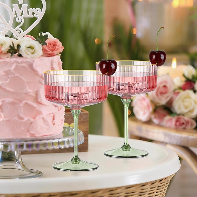 XUWAIDSGN 12 Pcs Champagne Martini Glasses 9 Oz with Gilded Removable Gold Rim Coupe Glasses Pink Martini Glasses Plastic Mimosa Vintage Coupe Glasses Set For Wedding Anniversary (12, Pink & Green)