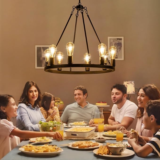 8-Light Wagon Wheel Chandelier, Farmhouse Chandelier Dining Room Light Fixture, Black Round Industrial Rustic Pendant Lighting, Vintage Hanging Lights for Kitchen Island Living Room Bedroom Entryway
