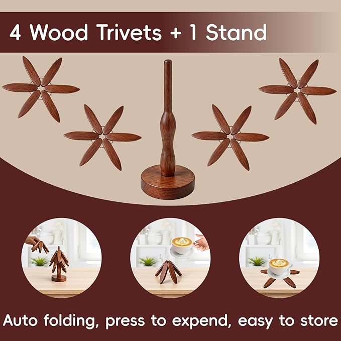 Wooden Trivets for Hot Dishes, Wooden Tree Trivet Set, Natural Tree Trivet Set - Foldable Coasters for Kitchen Counter, Hot Pots and Pans, Heat Resistant Table Protectors