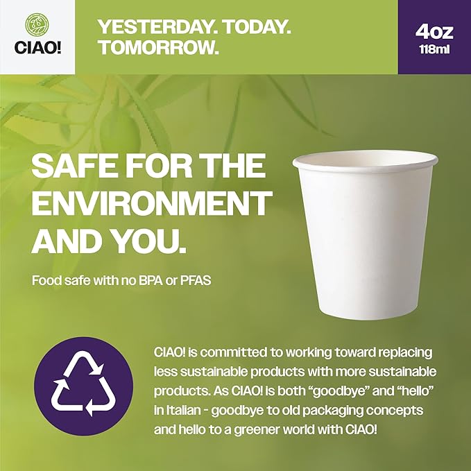 CIAO! 4oz White Paper Hot Cup, Disposable, 63mm Diameter 2,000 Count