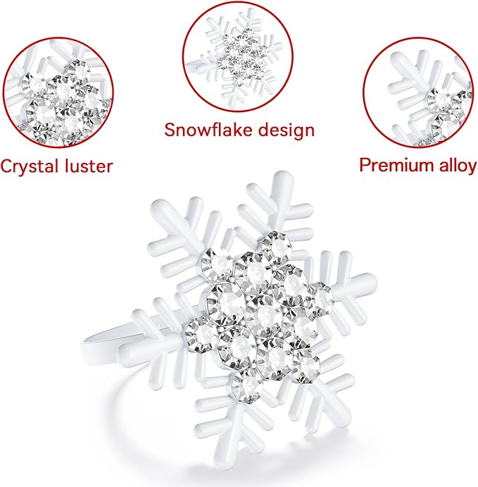 ZeeDix Set of 6 Christmas Snowflake Napkin Rings for Dinning Table Setting- White Rustic Dinner Tables Setting Decoration for Wedding Receptions, Christmas Holiday Party Dinner Parties