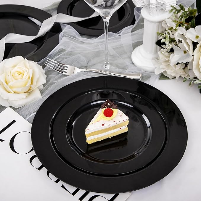 FLOWERCAT 100PCS Black Plastic Plates - Heavy Duty Black Disposable Plates for Birthday Party/Wedding/Father's Day- serve 50guests 10 inch and 7 inch Set