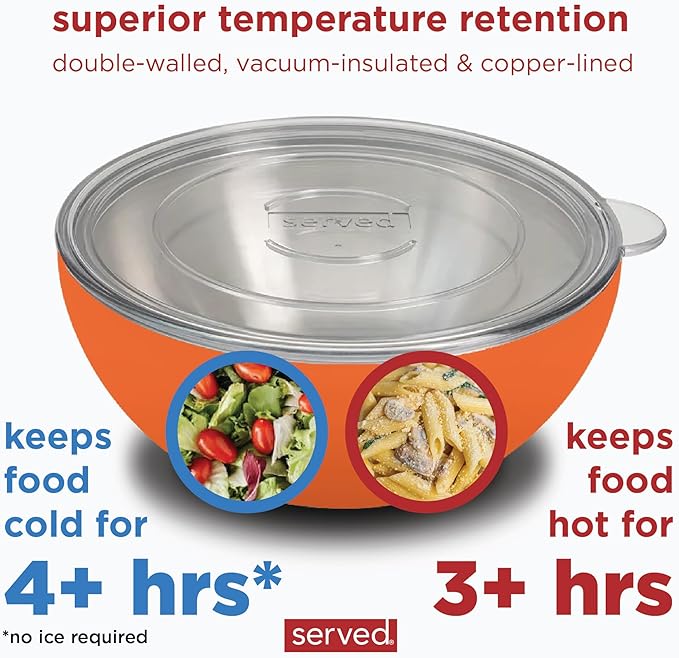 served Large Insulated Serving Bowl with Lid (100oz/3QT) - Double-Walled Stainless Steel Bowl for Hot & Cold Food - Vacuum Insulated, Spill-Resistant Thermal Bowl for Parties, Casseroles, Tailgates