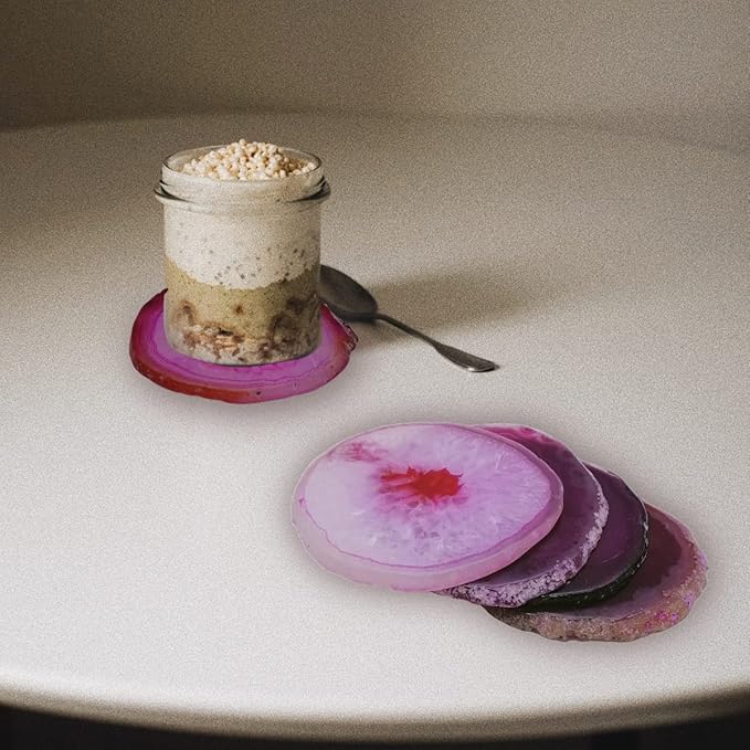 Geode Agate Slice Coasters Dyed Pink 3-4" Set of 4 Crystal Decorations Art Coaster Stone Bar Sets for The Home Drinks