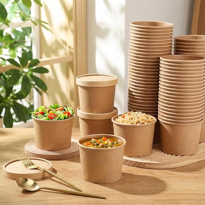 Fulmoon 100 Pack Paper Soup Containers with Lids Disposable Paper Food Containers with Vented Lid Kraft Ice Cream Cake Dessert Cups Soup Bowl for Party Hot Food Fruit Microwave(20 oz,Brown)