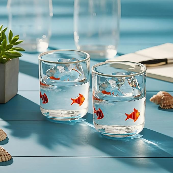 Icon Juice Glasses, 14oz Stemless Wine Drinking Juice Glass Cup for Valentine Party Supplies Gift(2 Pcs,Clownfish)