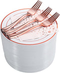 Stylish Rose Gold Dessert Plates, Forks and Cocktail Napkins (100 Set), 7.5 Inch Appetizer Plates or Salad Plates, Wedding Cake Plates, Disposable Plates for Wedding with Rose Gold Napkins