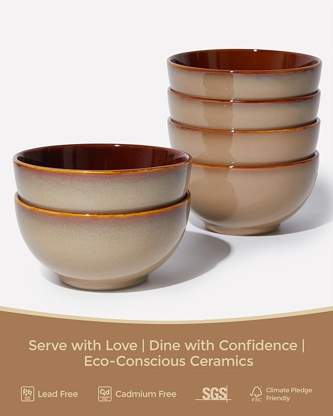 5.5" Cereal Bowls & Dessert Bowls Set of 6-22 Oz Small Bowls for Kitchen-Ceramic Bowl for Cereal, Soup, Oatmeal, Salad, Ramen, Noodle, Rice, Yogurt-Dishwasher & Microwave Safe, Brown Yellow