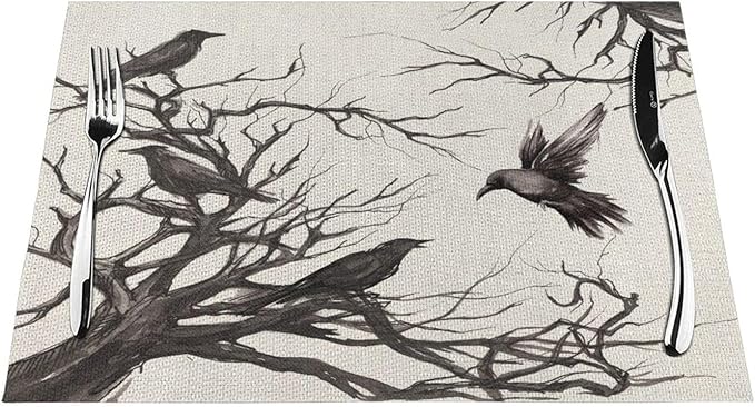 Halloween Placemats 12x18 Inches Set of 4,Black Crows Decorative Rectangle Autumn Halloween Decoration Fall Linen Black Table Mats for Party,Home Kitchen,Dining Table Decorn