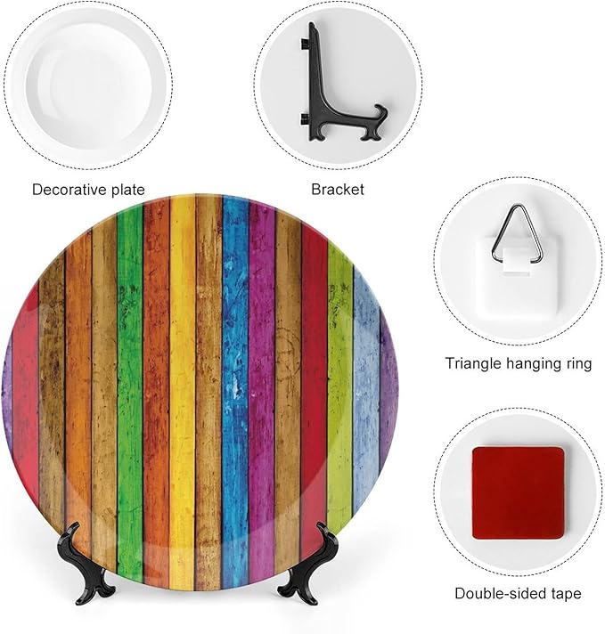Ceramic Display Plate, Abstract Ceramic Hanging Decorative Plate, Vibrant Wooden Artistic Cheerful Art Rainbow Image, 10 Inch, Living Room Kitchen Decoration Household, Multicolor