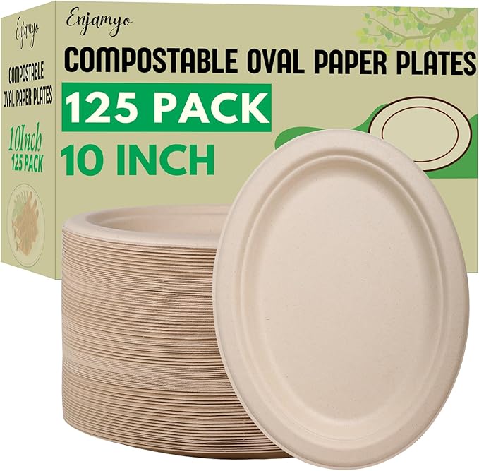 125 Pack Oval Paper Plates,10 Inch Disposable Paper Plates,Super Strong Oval Paper Dinner Plates,Compostable Biodegradable Sugarcane Plates for BBQ,Party,Picnic(Brown)