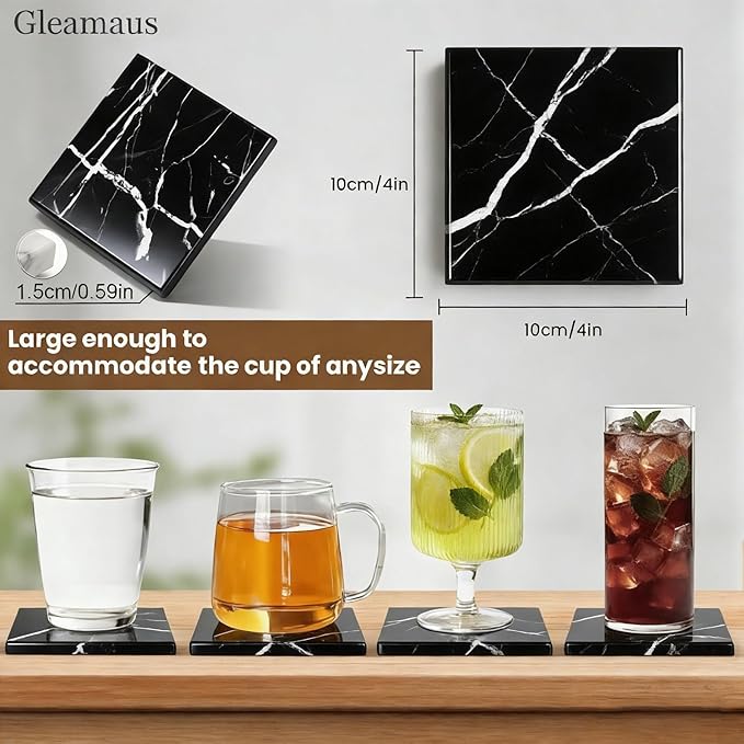 Natural Marble Coasters, Square Costers, Luxury Aesthetic Modern Decor for Coffee Table Bar Kitchen Home, Black Marble, Real Natural Semi Absorbent Stone Coasters