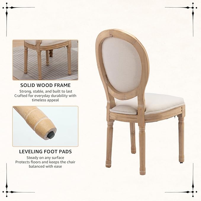 Vintage French Dining Chairs Set of 8, Round Back Accent Chairs with Linen Seat and Solid Wood Frame, Farmhouse Sillas de Comedor Upholstered for Dining Room & Kitchen, Beige