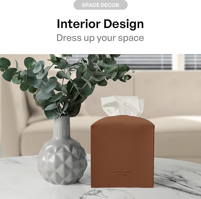 Carrotez Tissue Box Cover, [Refined] Modern PU Leather Square Tissue Box Holder - Decorative Holder/Organizer for Bathroom Vanity Countertop, Night Stands, Office Desk & Car 5"X5"X5" - Camel