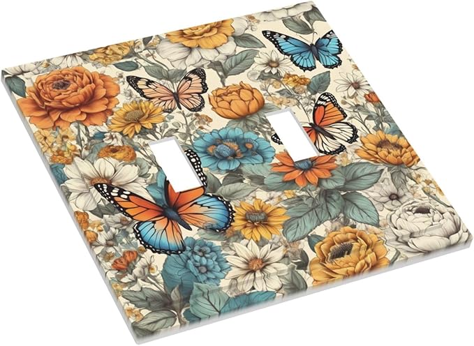 Decorative Light Switch Cover Vintage Colorful Floral Butterfly Flowers 2 Gang Wall Plate Double Toggle Switch Plate Receptacle Electrical Outlet Cover Switchplate for Bathroom Bedroom（2 Pack）